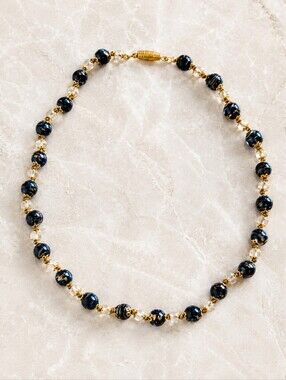 Vintage Black Venetian Gold Foil & Cut Crystal Bead Necklace